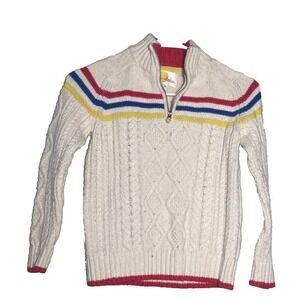 Mimi Boden Cable Knit Sweater Boys 8-9Y Cream Stripe 1/4 Zip Wool Blend